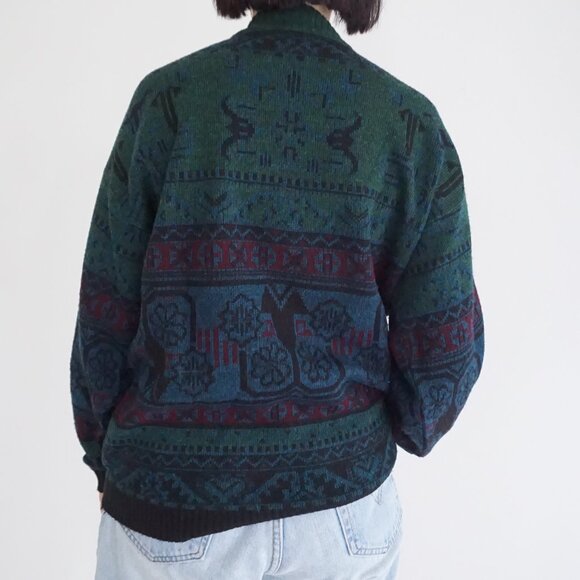 Vintage Vogue Green Patterned Winter Knit Sweater Cabincore Old Money L - Picture 2 of 9